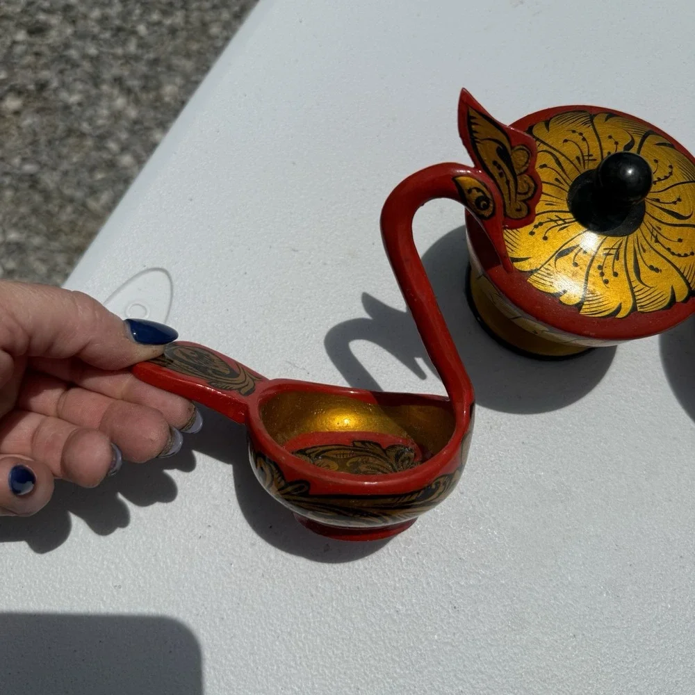 Vintage Russian Khokhloma Trinket Set‎ Swan Goblet